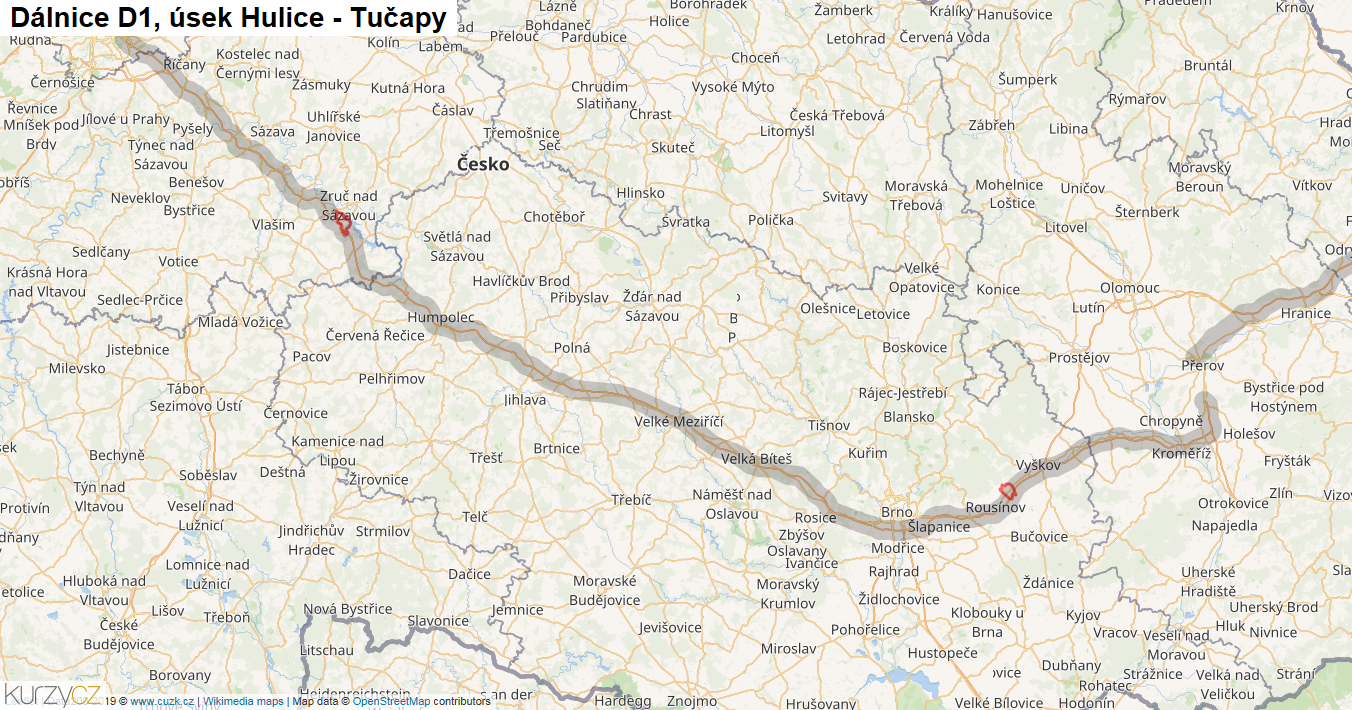 Úsek Hulice - Tučapy, Dálnice D1 - Mapa
