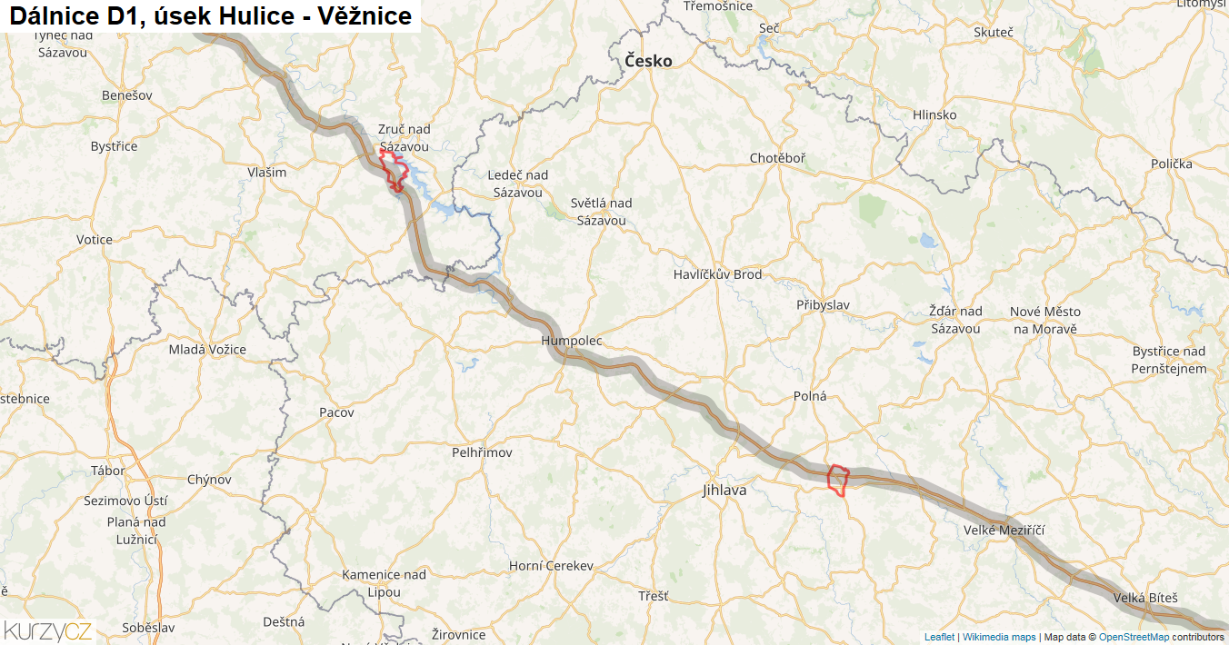 Úsek Hulice - Věžnice, Dálnice D1 - Mapa