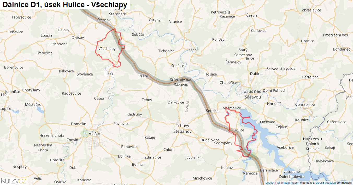 Úsek Hulice - Všechlapy, Dálnice D1 - Mapa