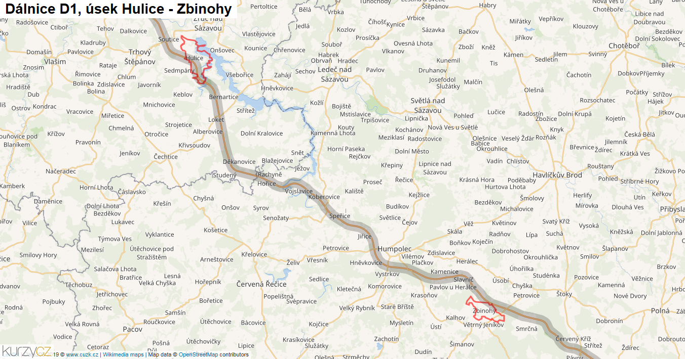 Úsek Hulice - Zbinohy, Dálnice D1 - Mapa