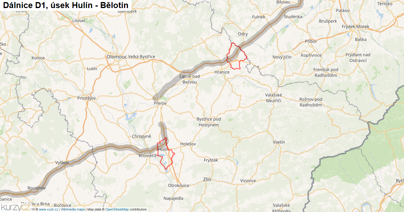 Úsek Hulín - Bělotín, Dálnice D1 - Mapa