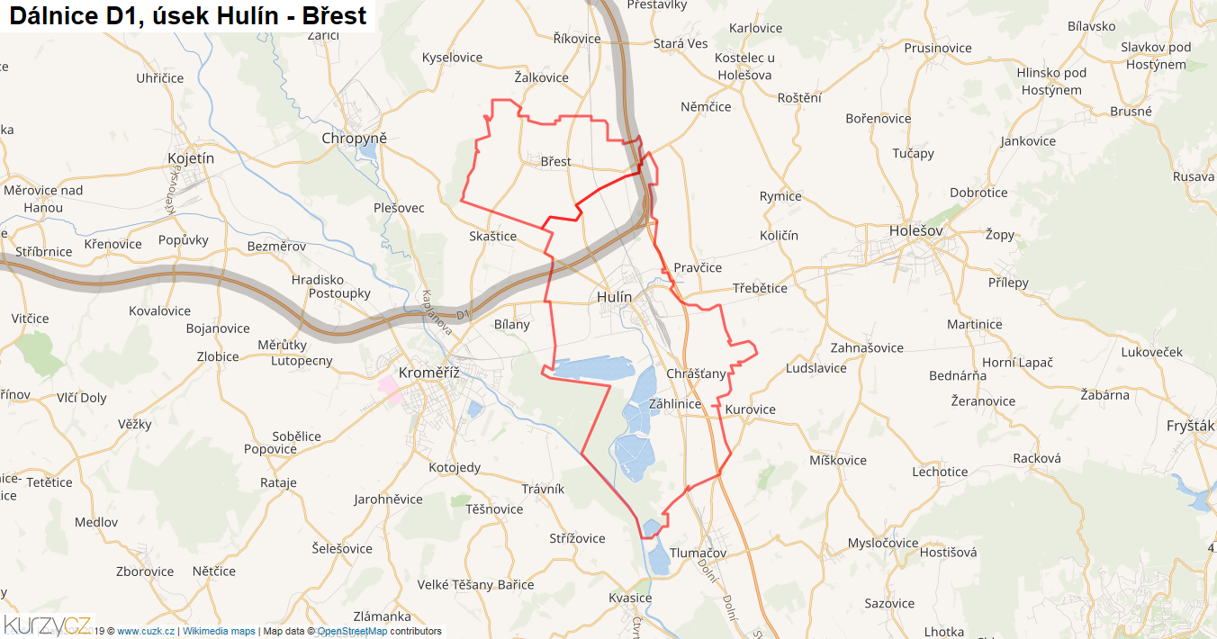Úsek Hulín - Břest, Dálnice D1 - Mapa