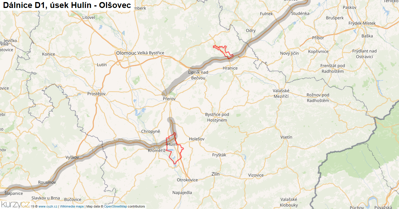 Úsek Hulín - Olšovec, Dálnice D1 - Mapa