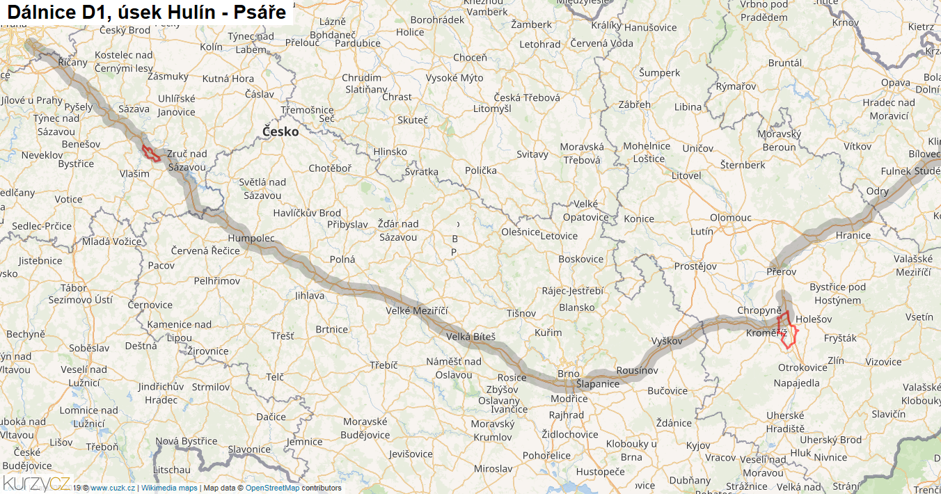 Úsek Hulín - Psáře, Dálnice D1 - Mapa