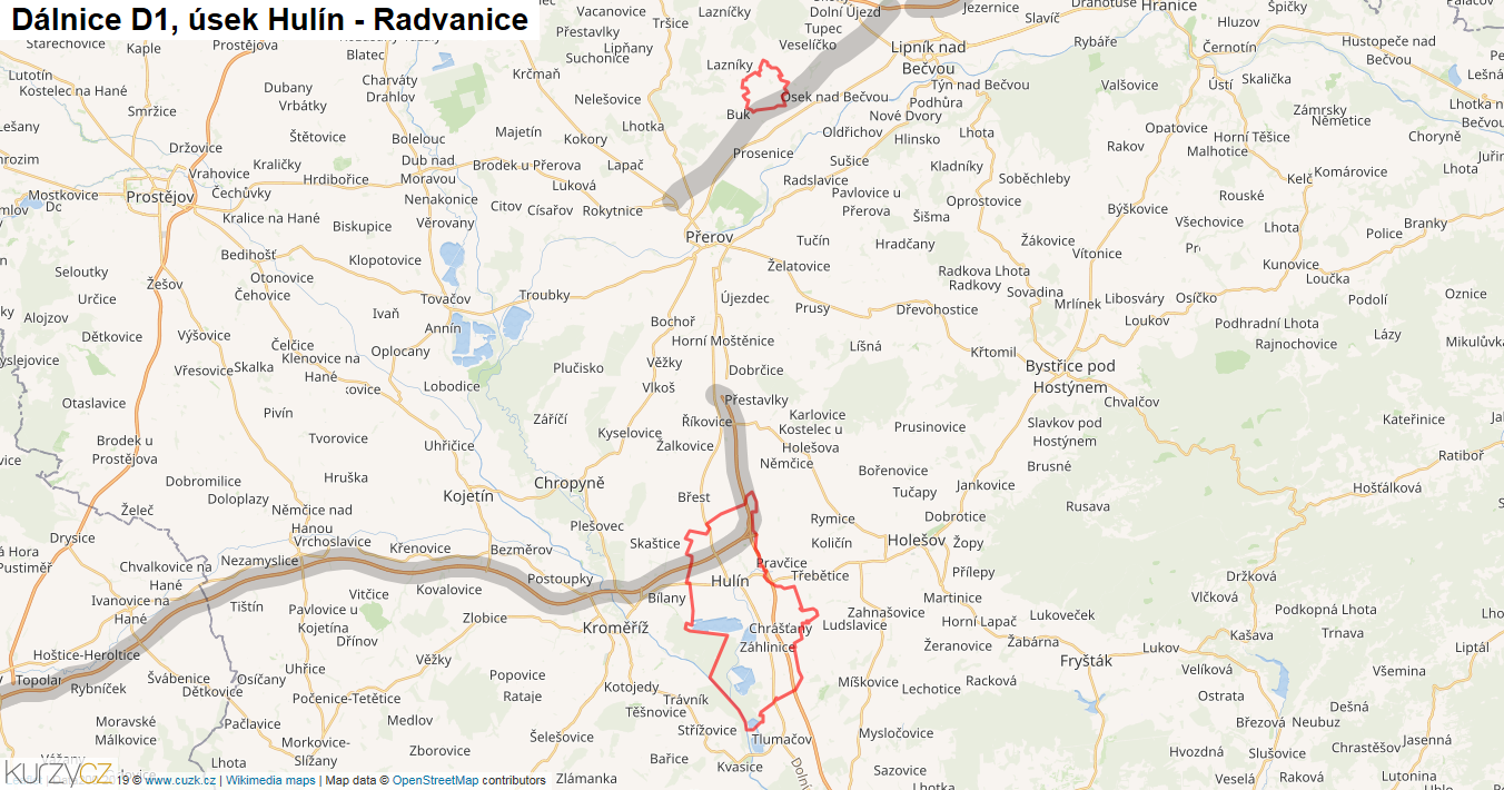 Úsek Hulín - Radvanice, Dálnice D1 - Mapa