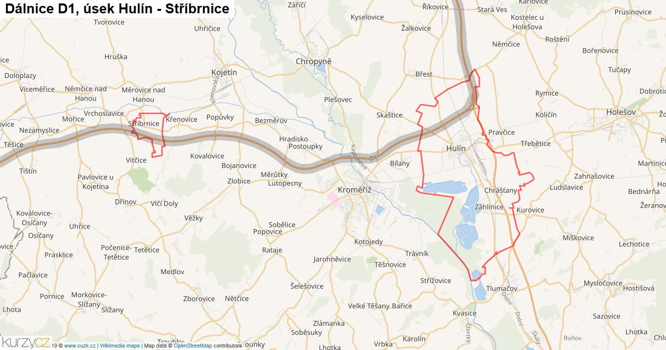 Úsek Hulín - Stříbrnice, Dálnice D1 - Mapa