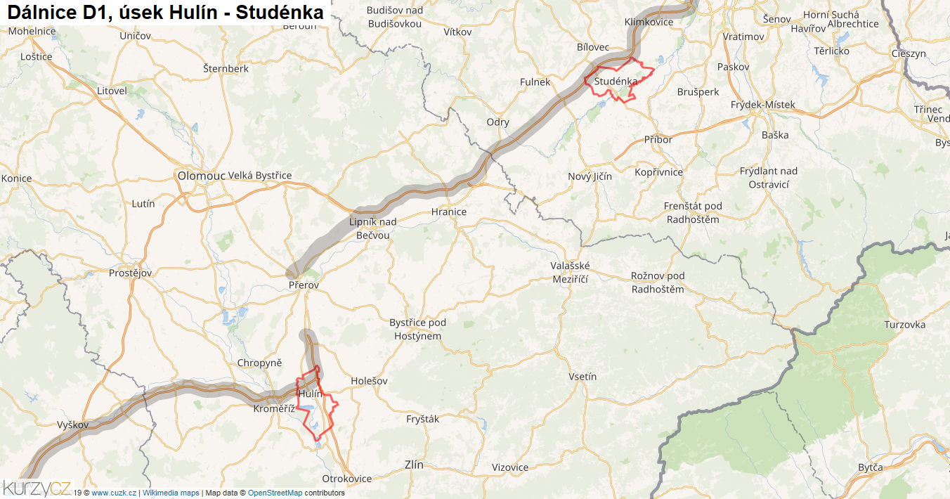 Úsek Hulín - Studénka, Dálnice D1 - Mapa