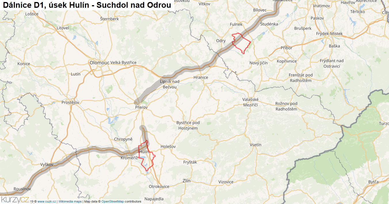 Úsek Hulín - Suchdol nad Odrou, Dálnice D1 - Mapa