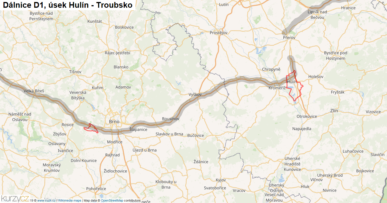 Úsek Hulín - Troubsko, Dálnice D1 - Mapa