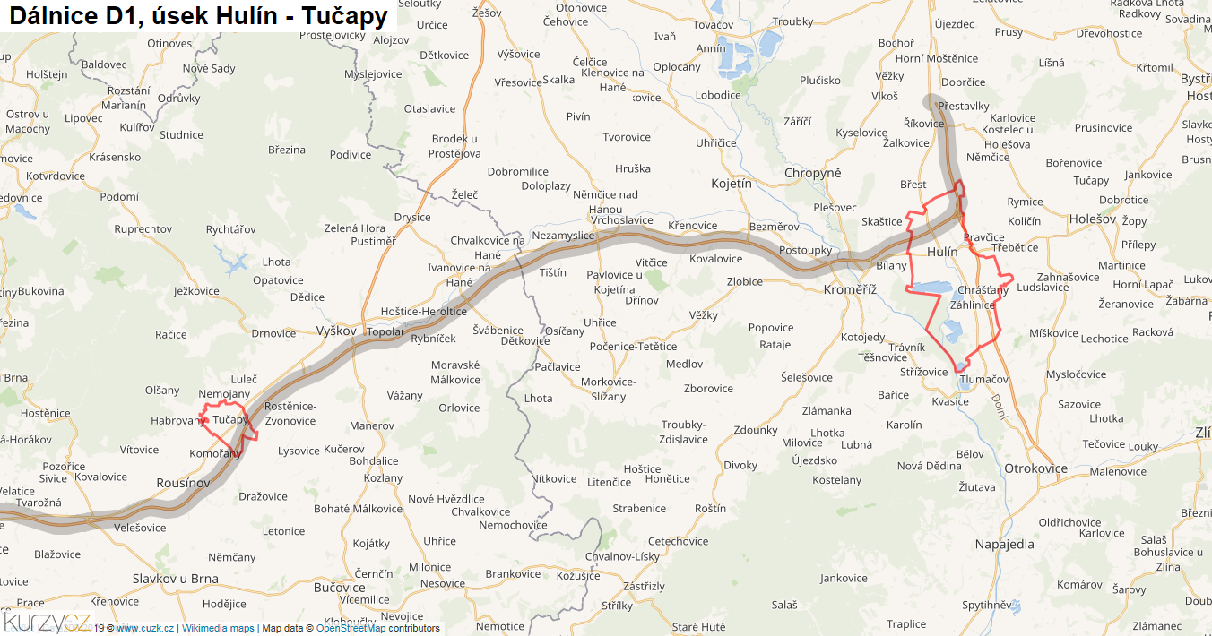 Úsek Hulín - Tučapy, Dálnice D1 - Mapa