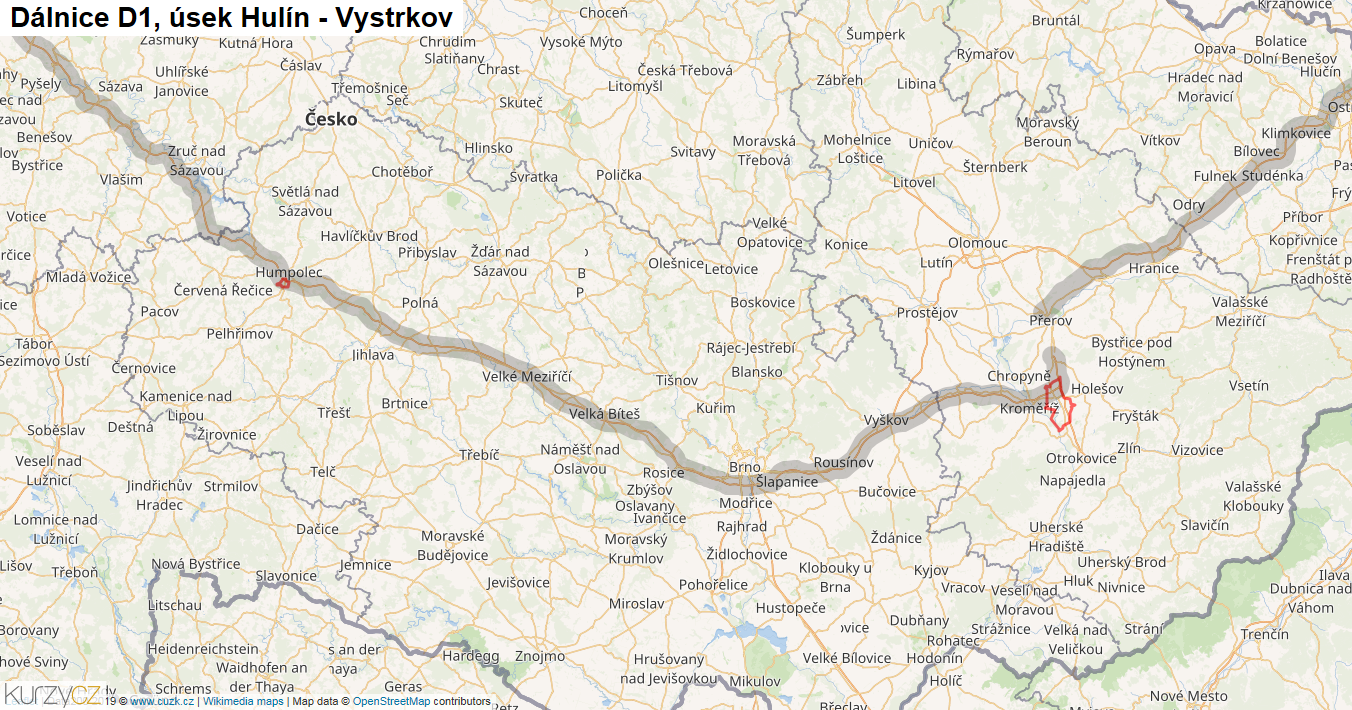 Úsek Hulín - Vystrkov, Dálnice D1 - Mapa