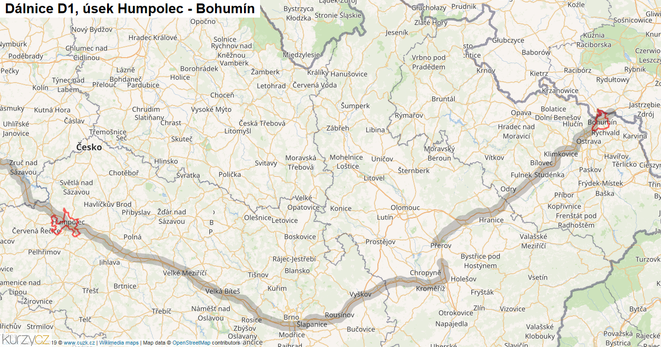 Úsek Humpolec - Bohumín, Dálnice D1 - Mapa