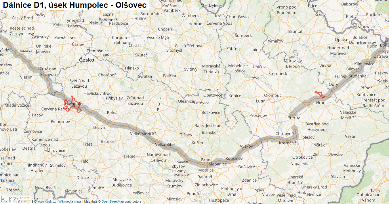Úsek Humpolec - Olšovec, Dálnice D1 - Mapa