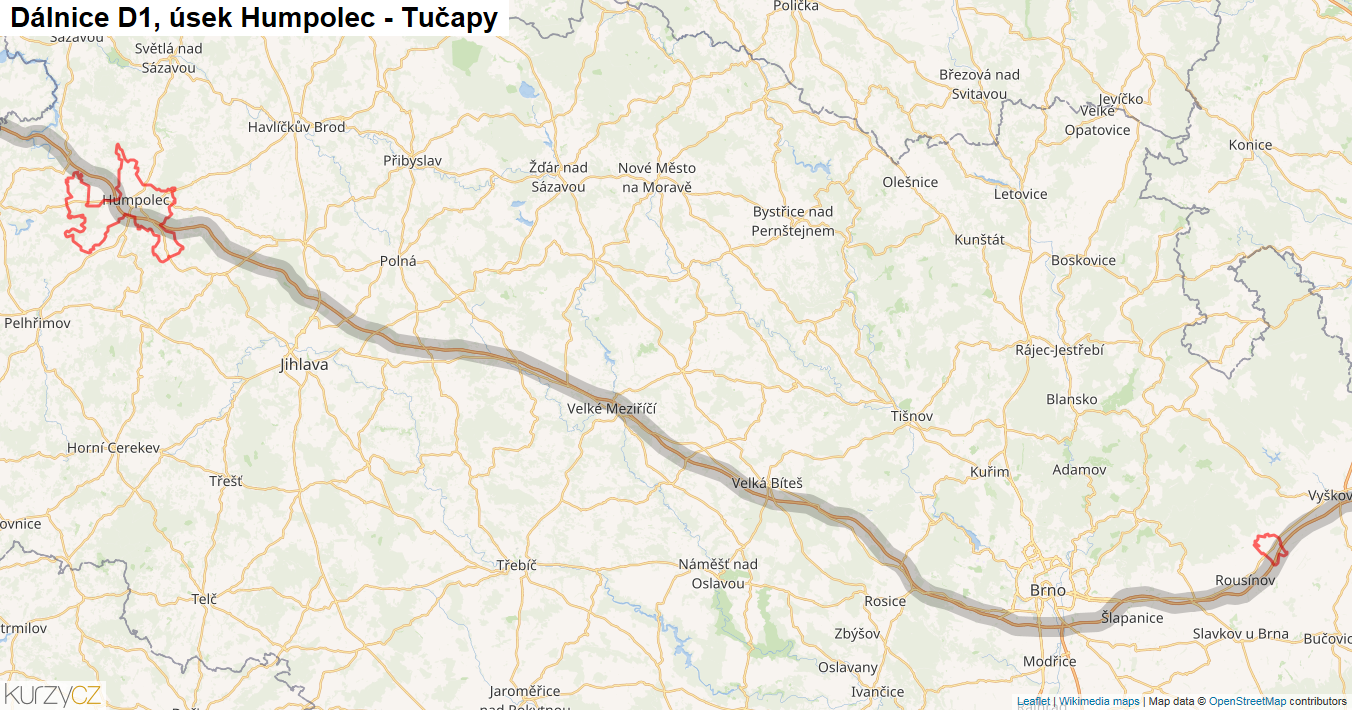 Úsek Humpolec - Tučapy, Dálnice D1 - Mapa