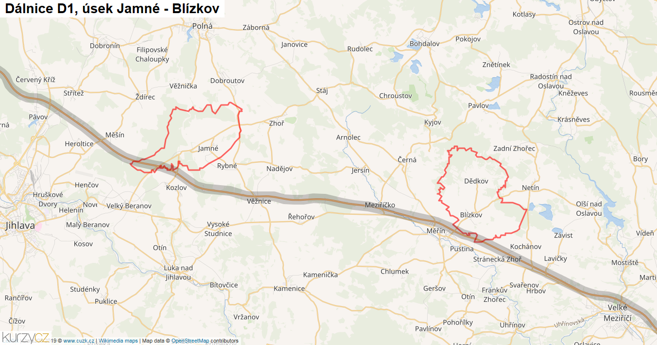 Úsek Jamné - Blízkov, Dálnice D1 - Mapa