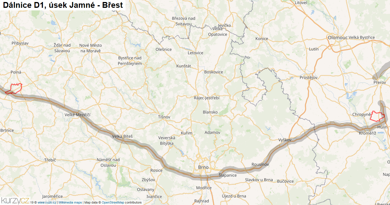 Úsek Jamné - Břest, Dálnice D1 - Mapa