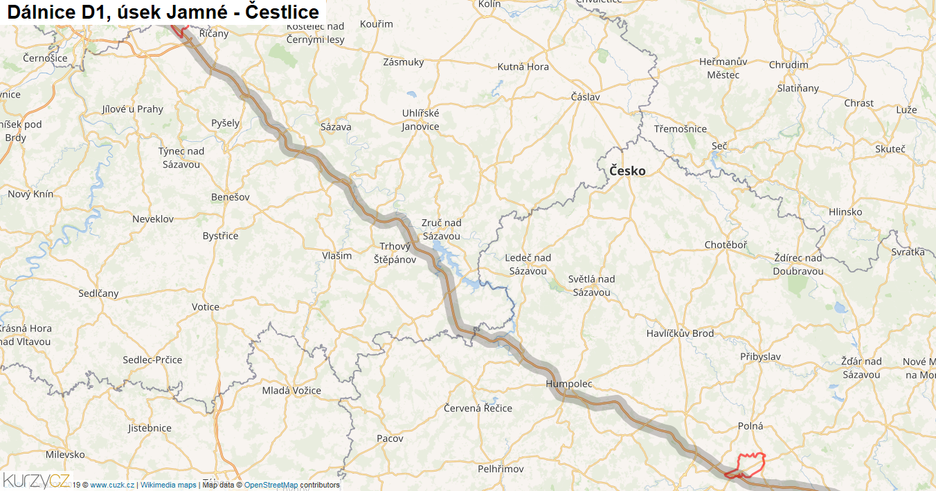 Úsek Jamné - Čestlice, Dálnice D1 - Mapa