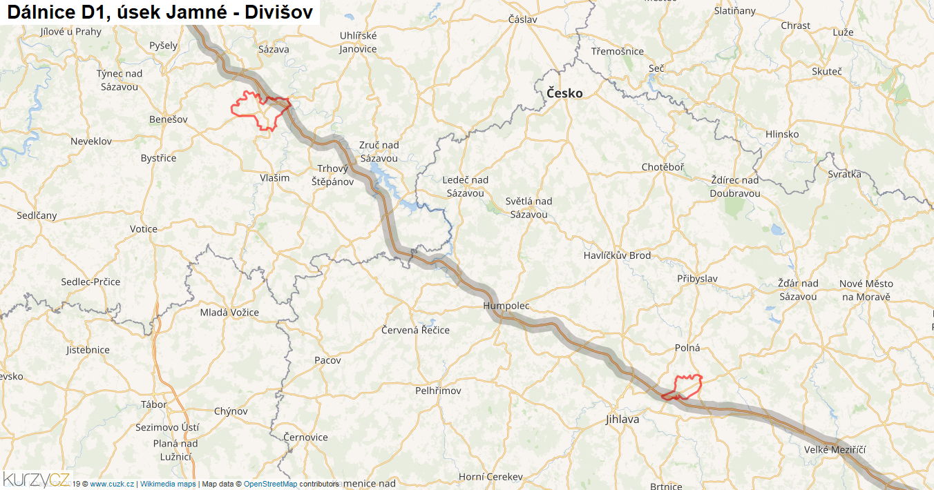 Úsek Jamné - Divišov, Dálnice D1 - Mapa