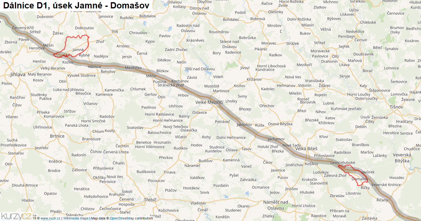 Úsek Jamné - Domašov, Dálnice D1 - Mapa