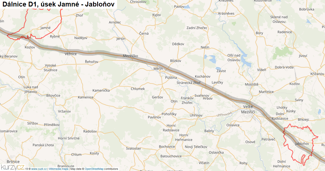 Úsek Jamné - Jabloňov, Dálnice D1 - Mapa