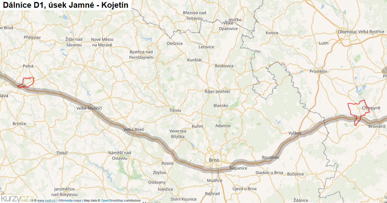 Úsek Jamné - Kojetín, Dálnice D1 - Mapa