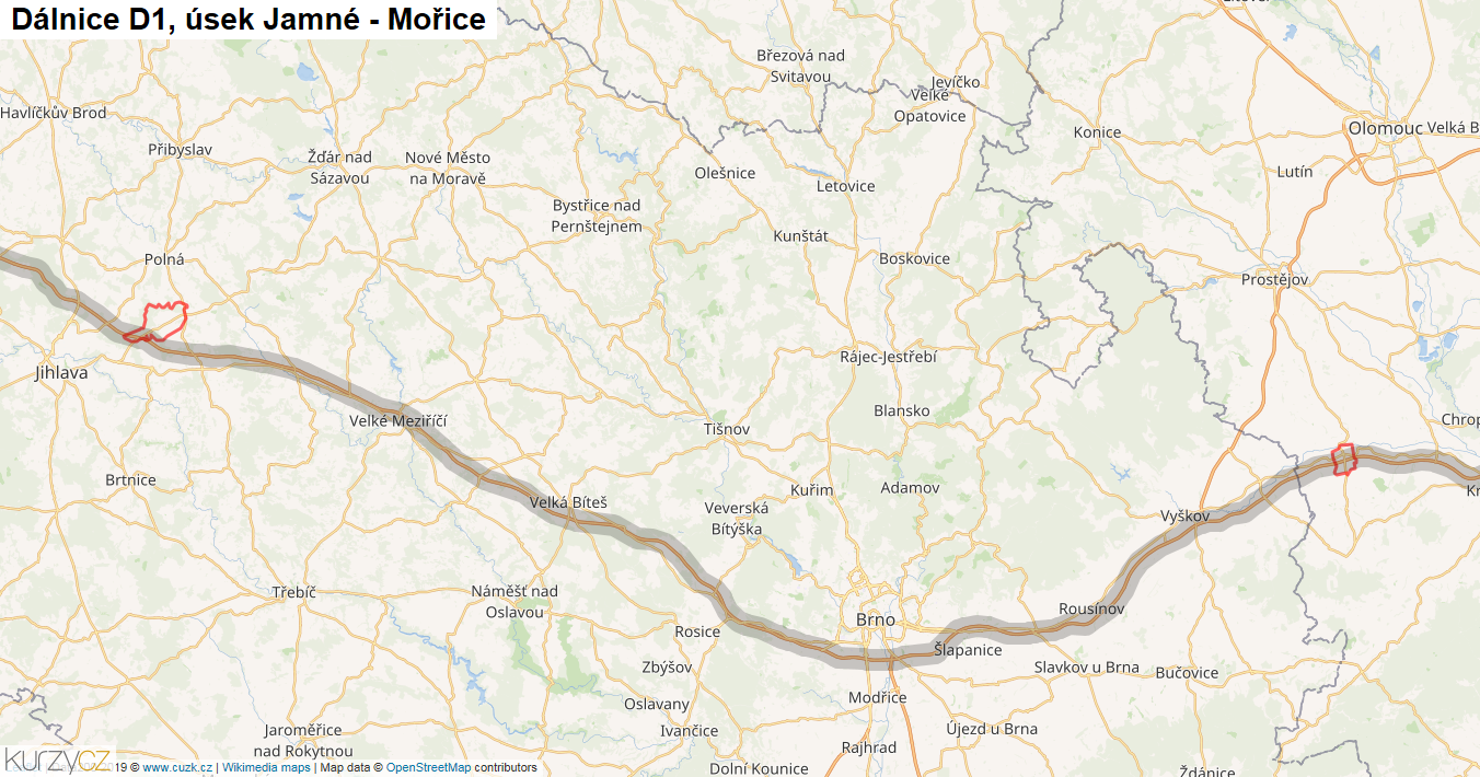 Úsek Jamné - Mořice, Dálnice D1 - Mapa