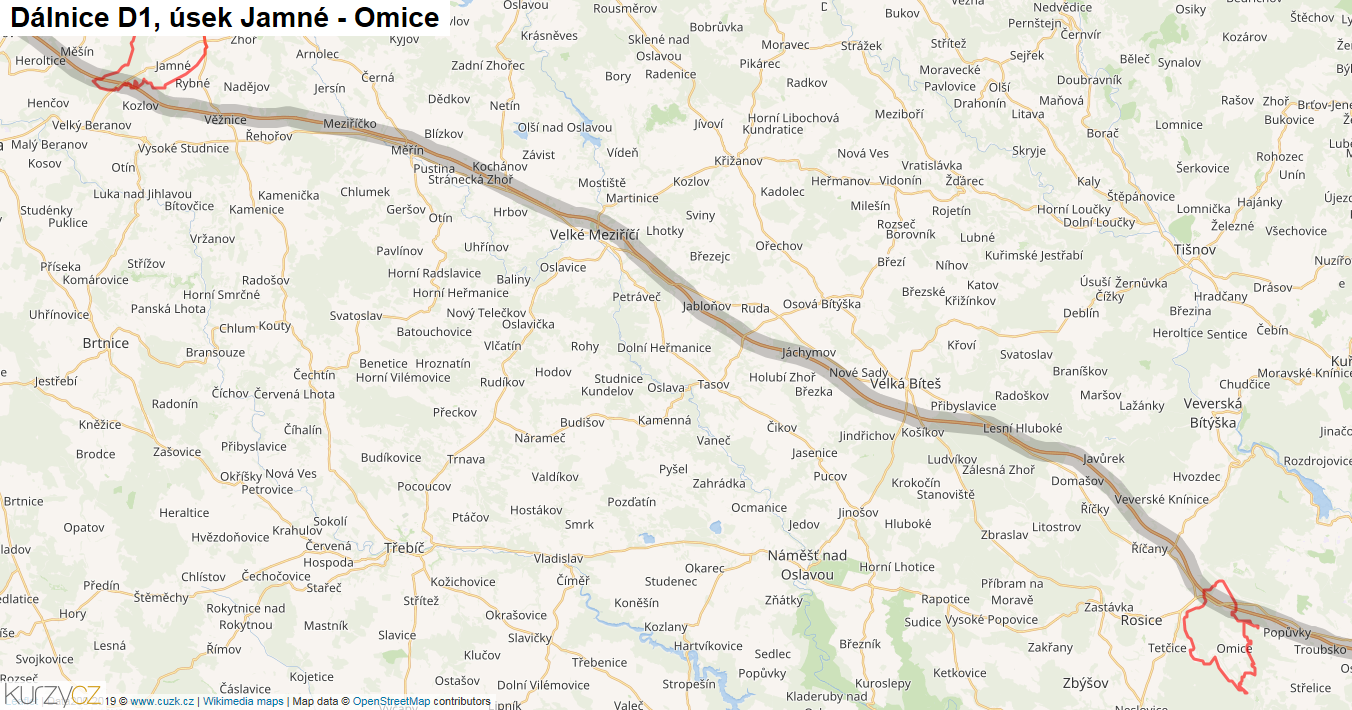 Úsek Jamné - Omice, Dálnice D1 - Mapa