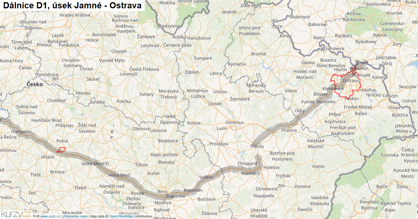 Úsek Jamné - Ostrava, Dálnice D1 - Mapa
