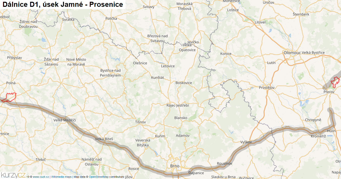 Úsek Jamné - Prosenice, Dálnice D1 - Mapa