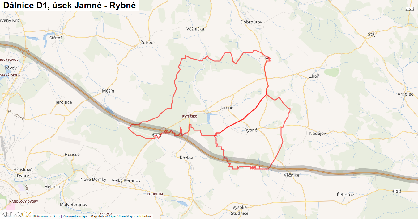 Úsek Jamné - Rybné, Dálnice D1 - Mapa
