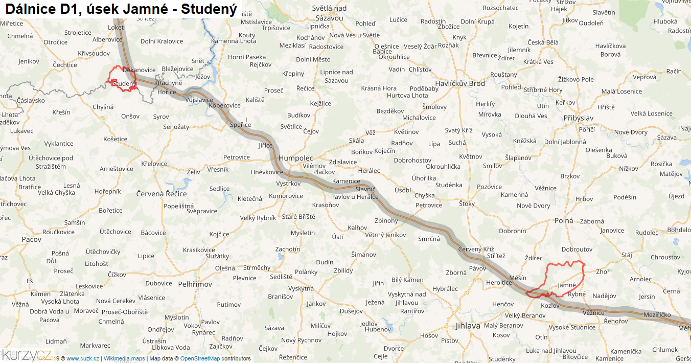 Úsek Jamné - Studený, Dálnice D1 - Mapa