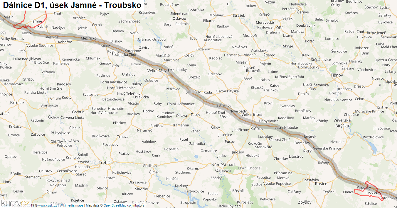 Úsek Jamné - Troubsko, Dálnice D1 - Mapa