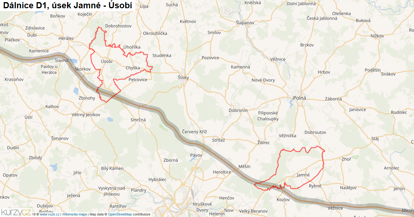 Úsek Jamné - Úsobí, Dálnice D1 - Mapa