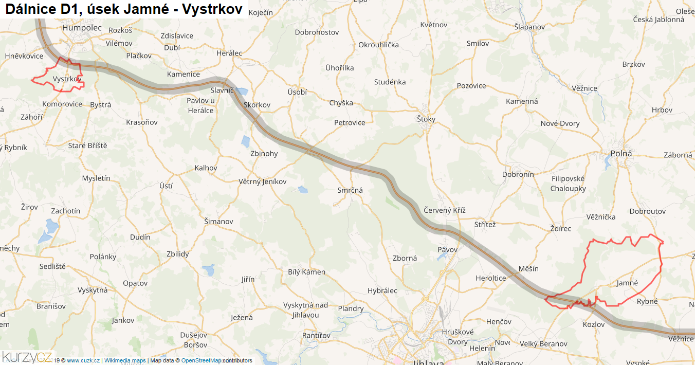Úsek Jamné - Vystrkov, Dálnice D1 - Mapa