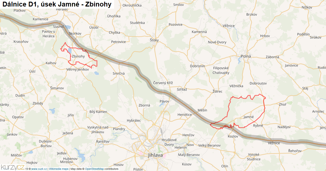 Úsek Jamné - Zbinohy, Dálnice D1 - Mapa