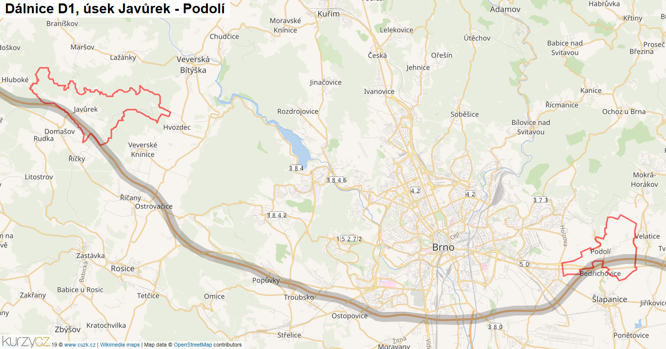 Úsek Javůrek - Podolí, Dálnice D1 - Mapa