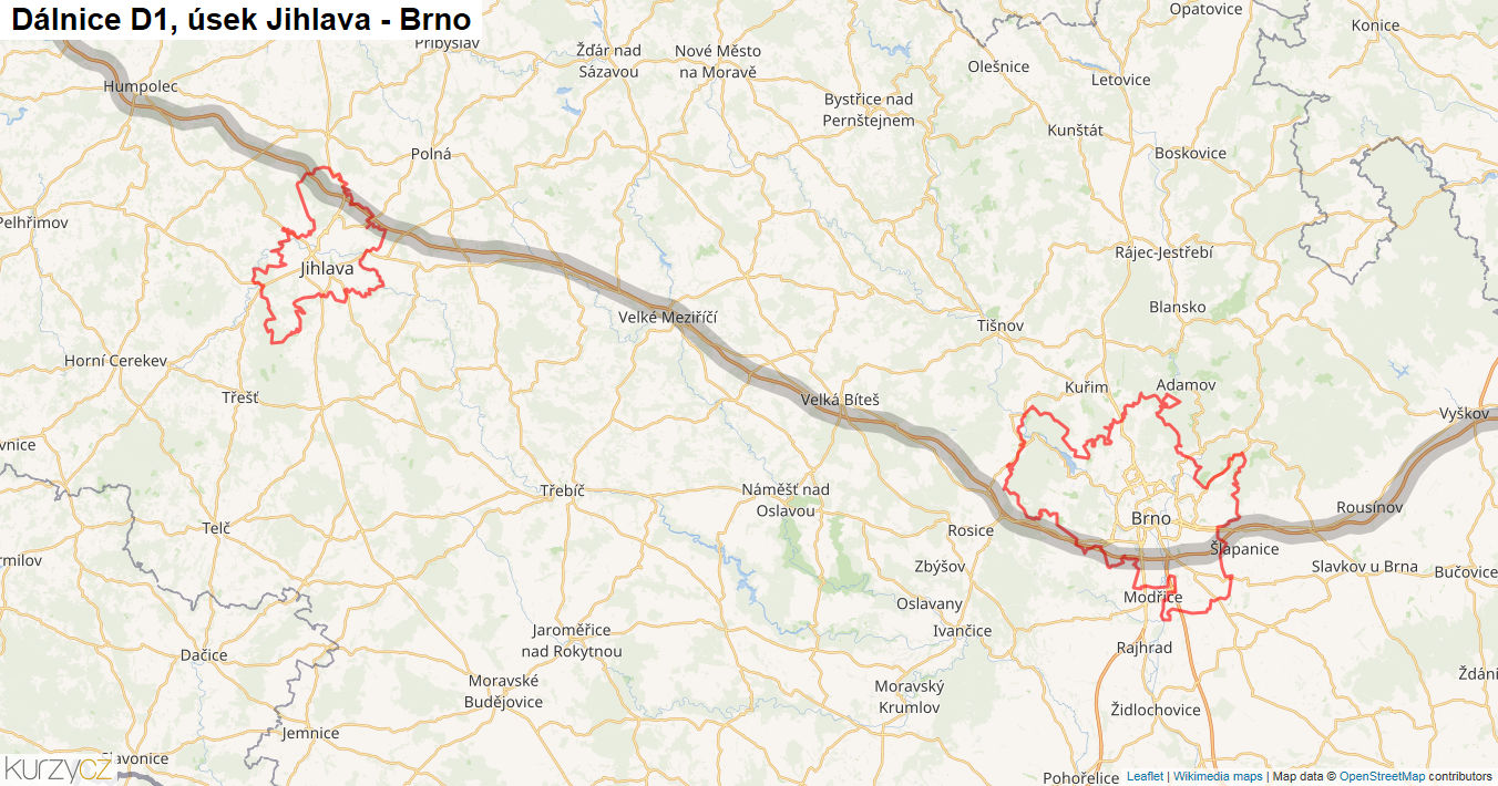 Úsek Jihlava - Brno, Dálnice D1 - Mapa