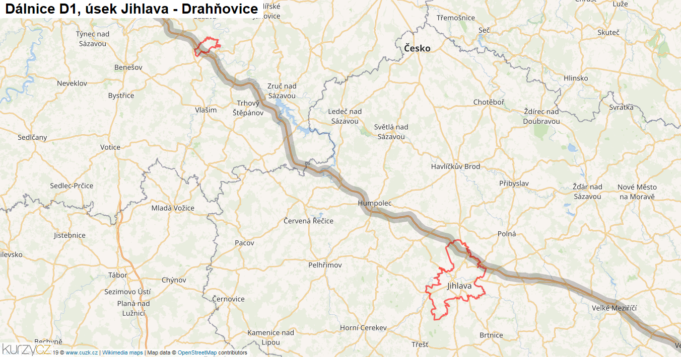 Úsek Jihlava - Drahňovice, Dálnice D1 - Mapa