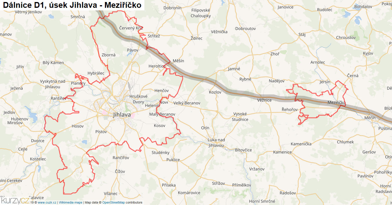 Úsek Jihlava - Meziříčko, Dálnice D1 - Mapa