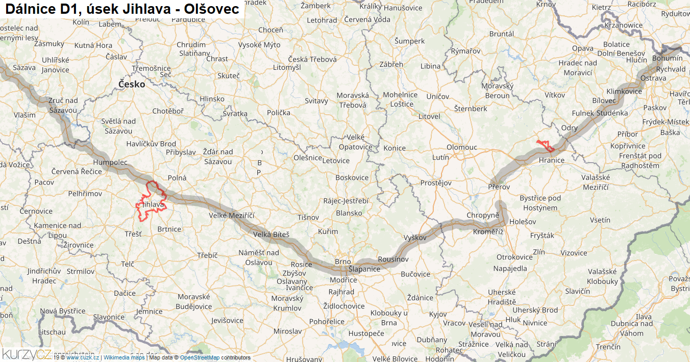 Úsek Jihlava - Olšovec, Dálnice D1 - Mapa