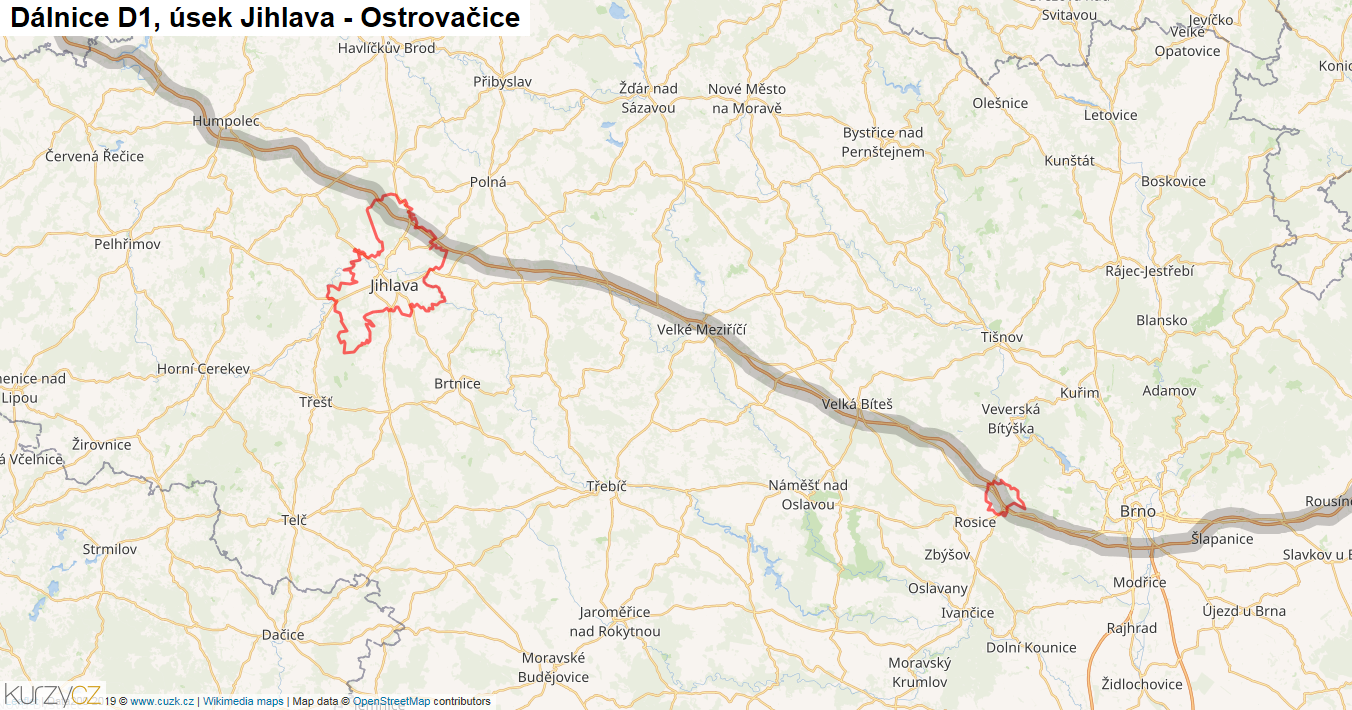 Úsek Jihlava - Ostrovačice, Dálnice D1 - Mapa