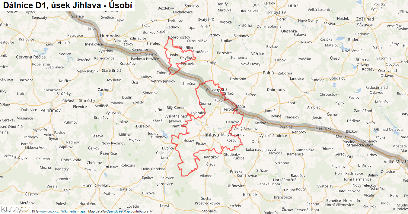 Úsek Jihlava - Úsobí, Dálnice D1 - Mapa