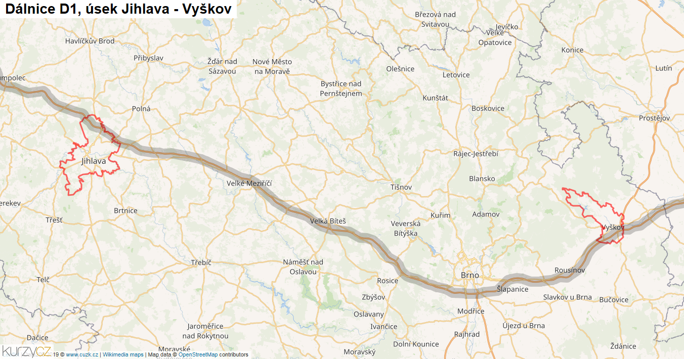 Úsek Jihlava - Vyškov, Dálnice D1 - Mapa