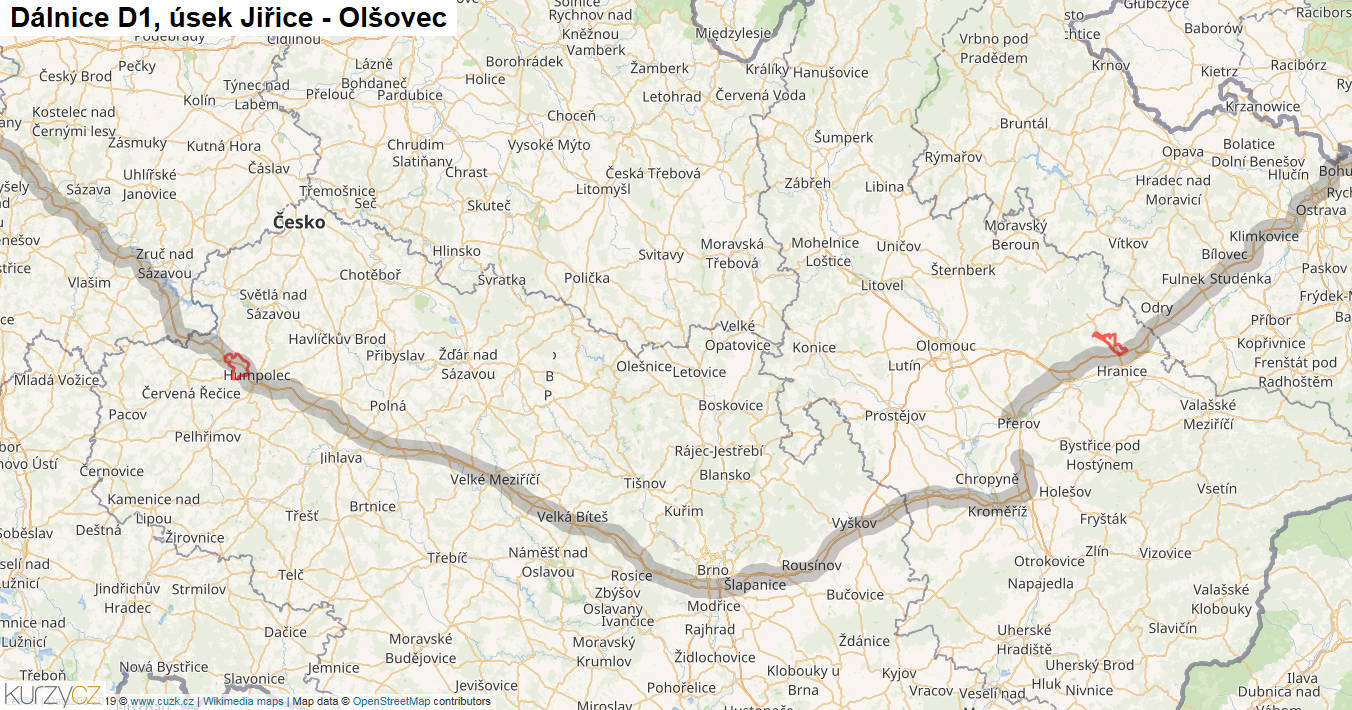 Úsek Jiřice - Olšovec, Dálnice D1 - Mapa