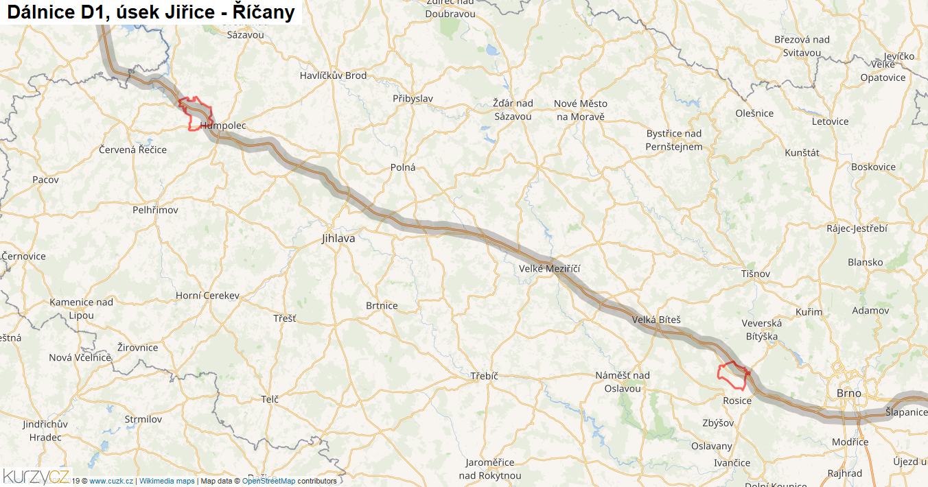 Úsek Jiřice - Říčany, Dálnice D1 - Mapa