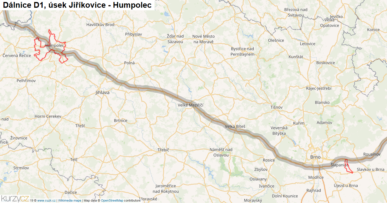 Úsek Jiříkovice - Humpolec, Dálnice D1 - Mapa