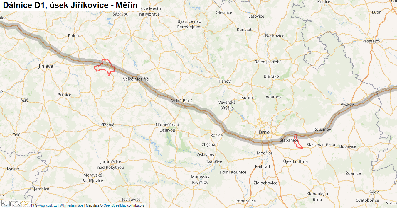 Úsek Jiříkovice - Měřín, Dálnice D1 - Mapa