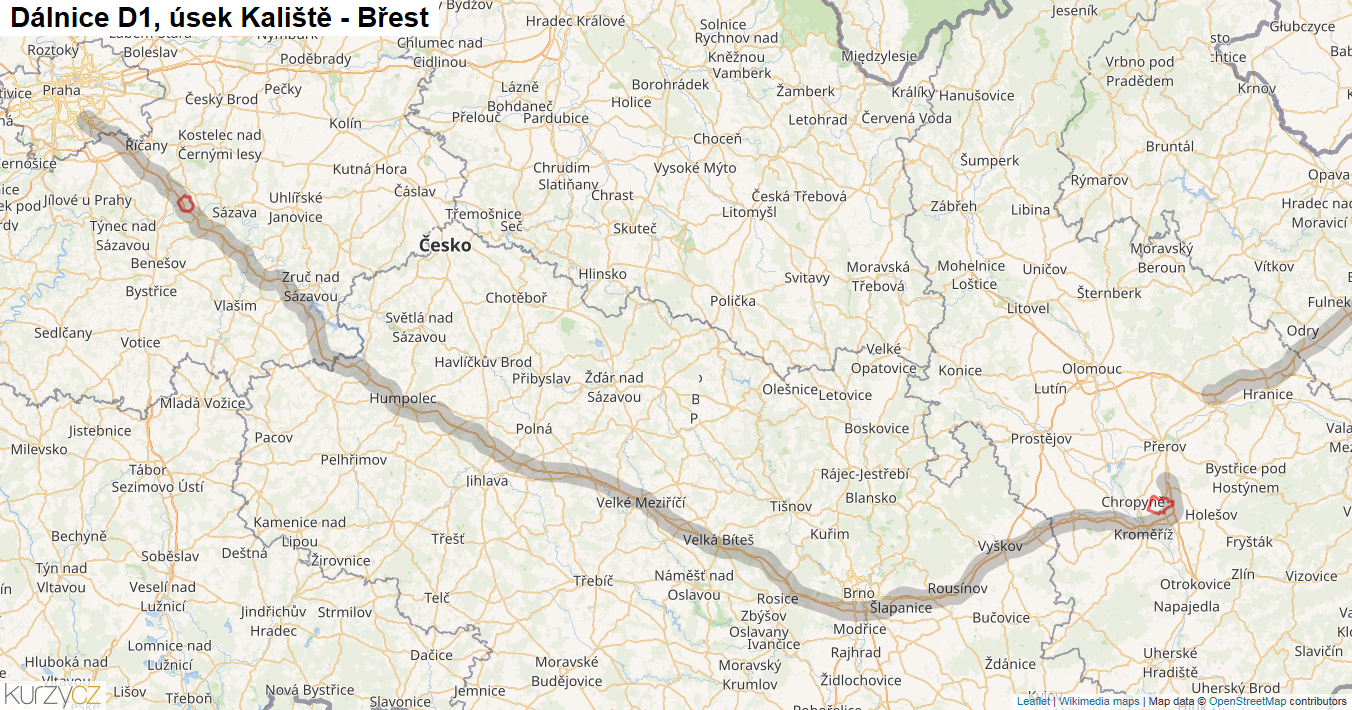 Úsek Kaliště - Břest, Dálnice D1 - Mapa