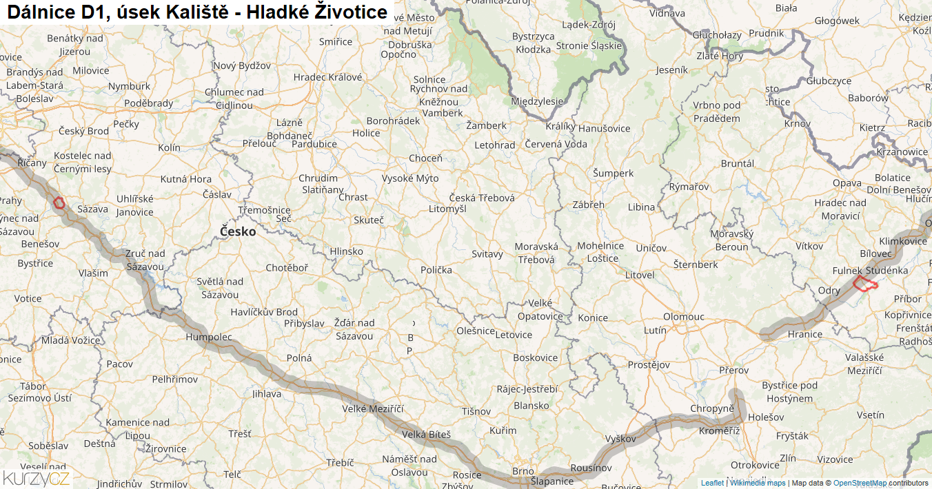 Úsek Kaliště - Hladké Životice, Dálnice D1 - Mapa
