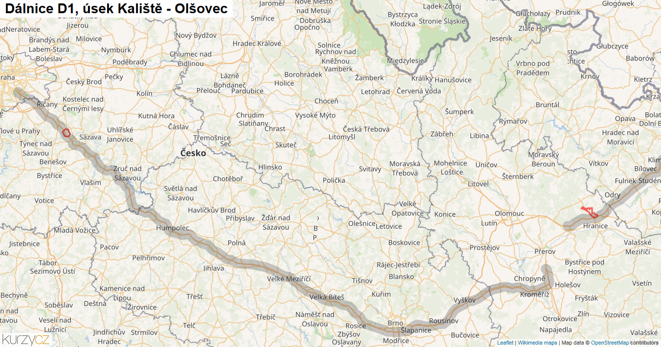 Úsek Kaliště - Olšovec, Dálnice D1 - Mapa
